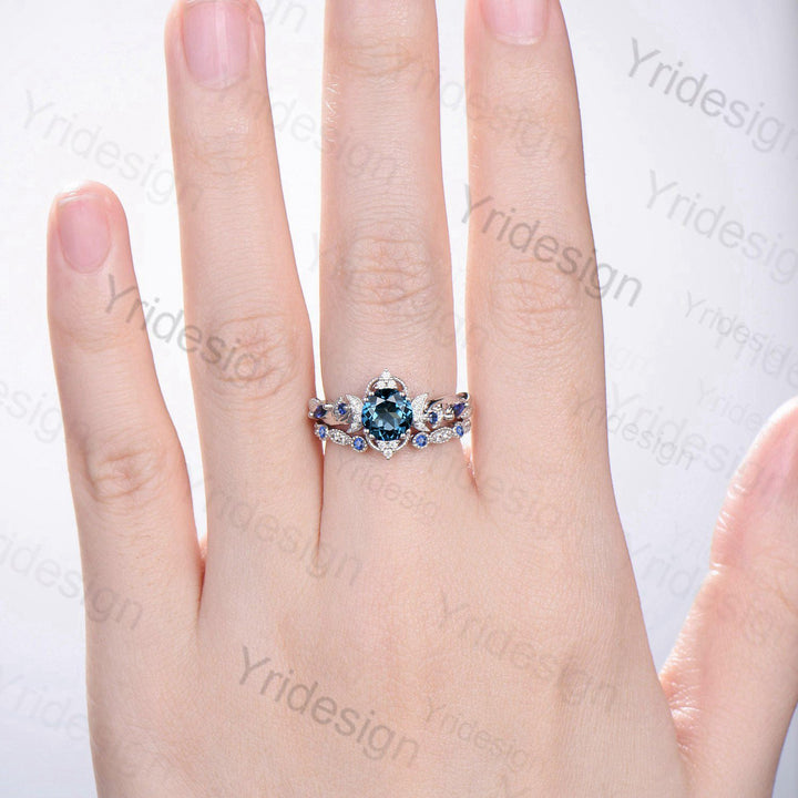 Crescent Moon London Blue Topaz Engagement Ring Set Unique Nature Inspired Wedding Ring Art Deco Open Gap Sapphire Bridal Ring Set for Women - PENFINE