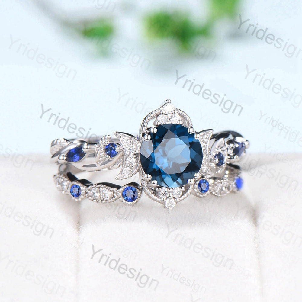 Crescent Moon London Blue Topaz Engagement Ring Set Unique Nature Inspired Wedding Ring Art Deco Open Gap Sapphire Bridal Ring Set for Women - PENFINE