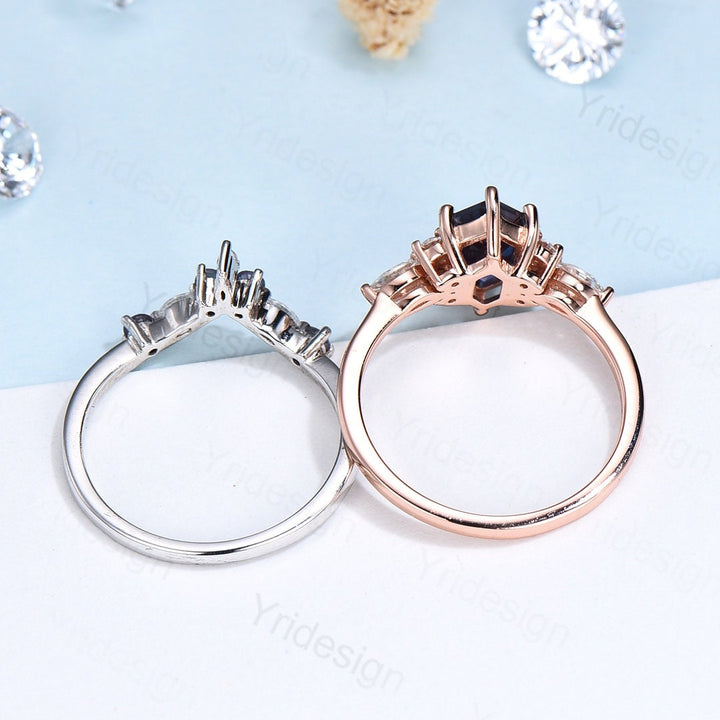 Vintage Hexagon Alexandrite Ring Set, Kite Accent, Rose Gold Anniversary - PENFINE