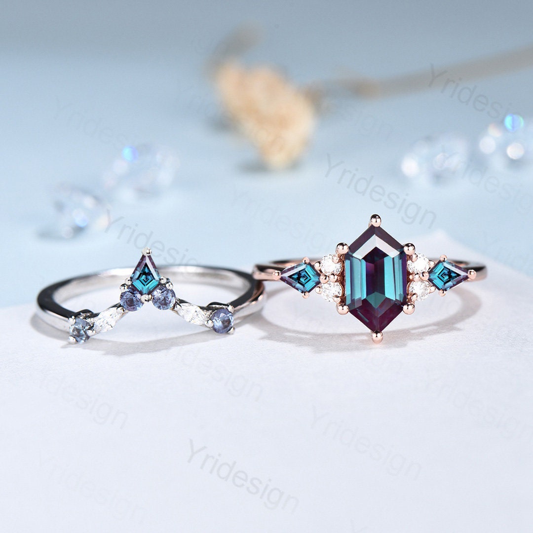 Vintage Hexagon Alexandrite Ring Set, Kite Accent, Rose Gold Anniversary - PENFINE