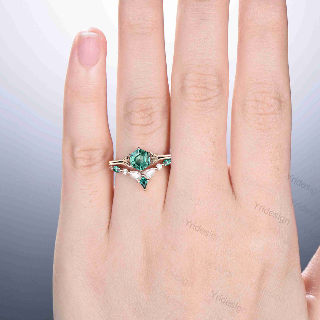 Art Deco Leaf Green Sapphire Ring Set, Emerald Moissanite Wedding - PENFINE