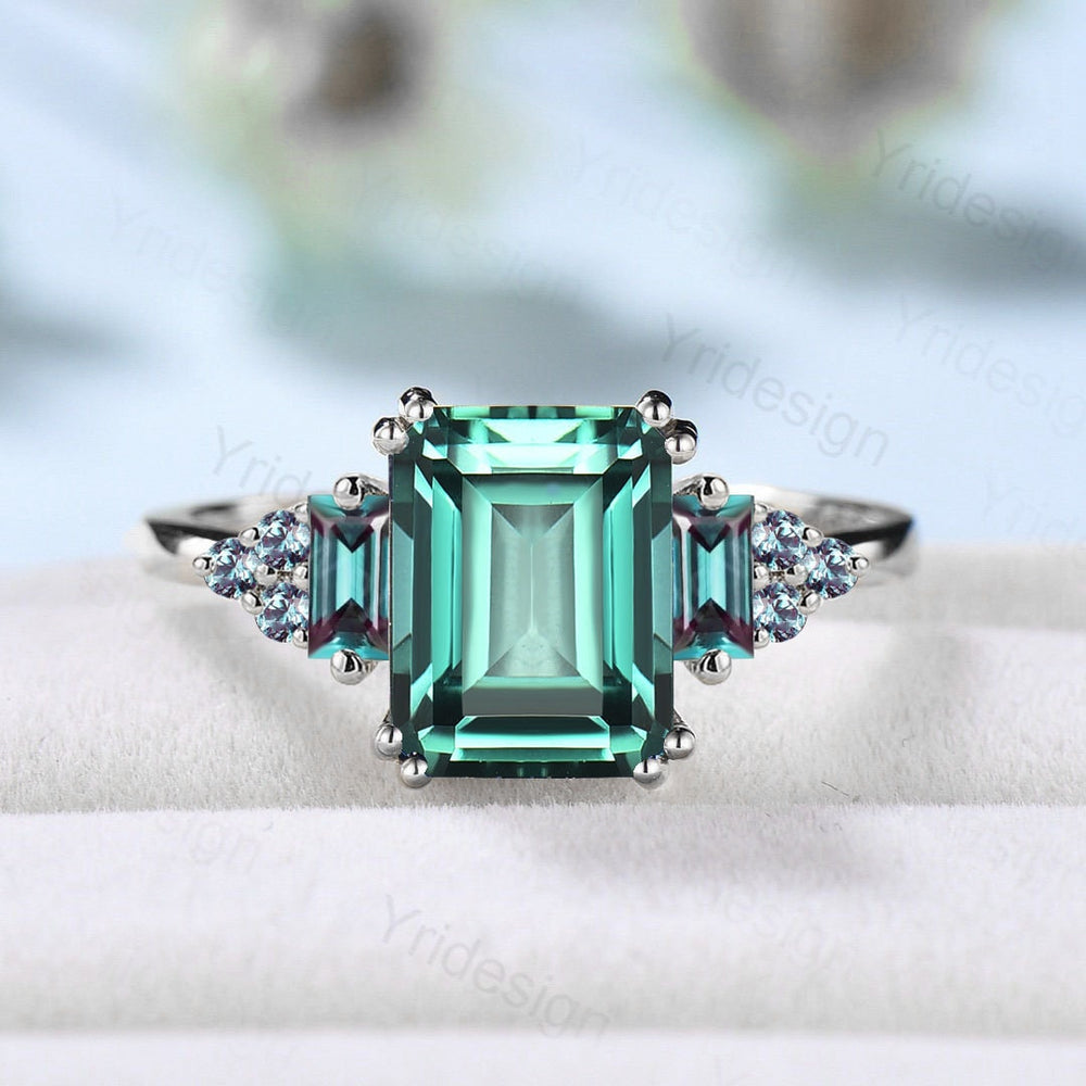 Unique Emerald Cut Green Sapphire Ring 8 Prongs Cluster Baguette Alexandrite Engagement Ring Vintage Green Crystal Wedding Ring for Women - PENFINE