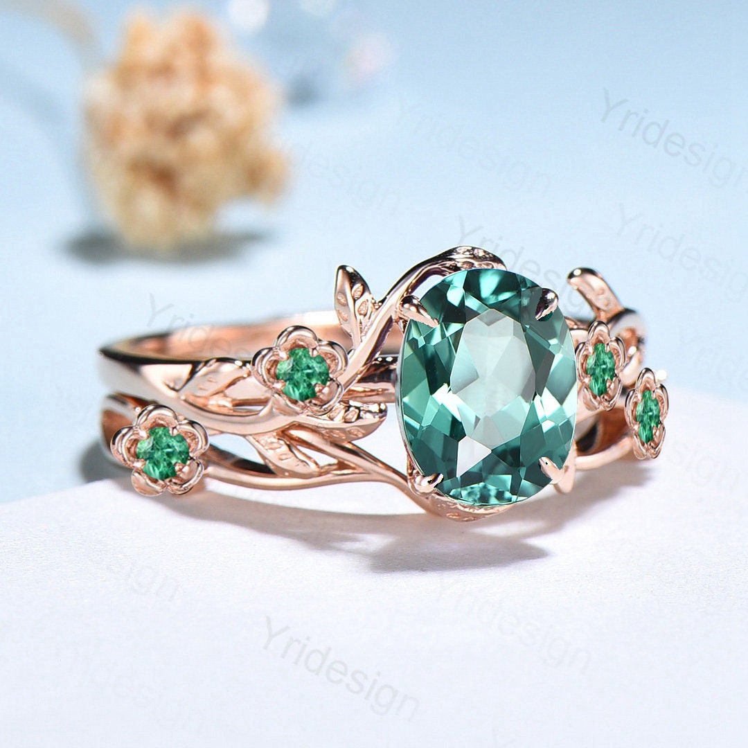 Floral Green Sapphire Ring Set, Vintage Twig Leaf Engagement Ring - PENFINE