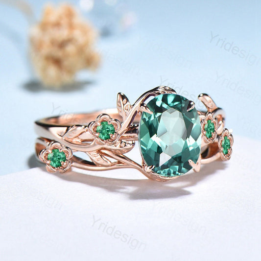 Floral Green Sapphire Ring Set, Vintage Twig Leaf Engagement Ring - PENFINE