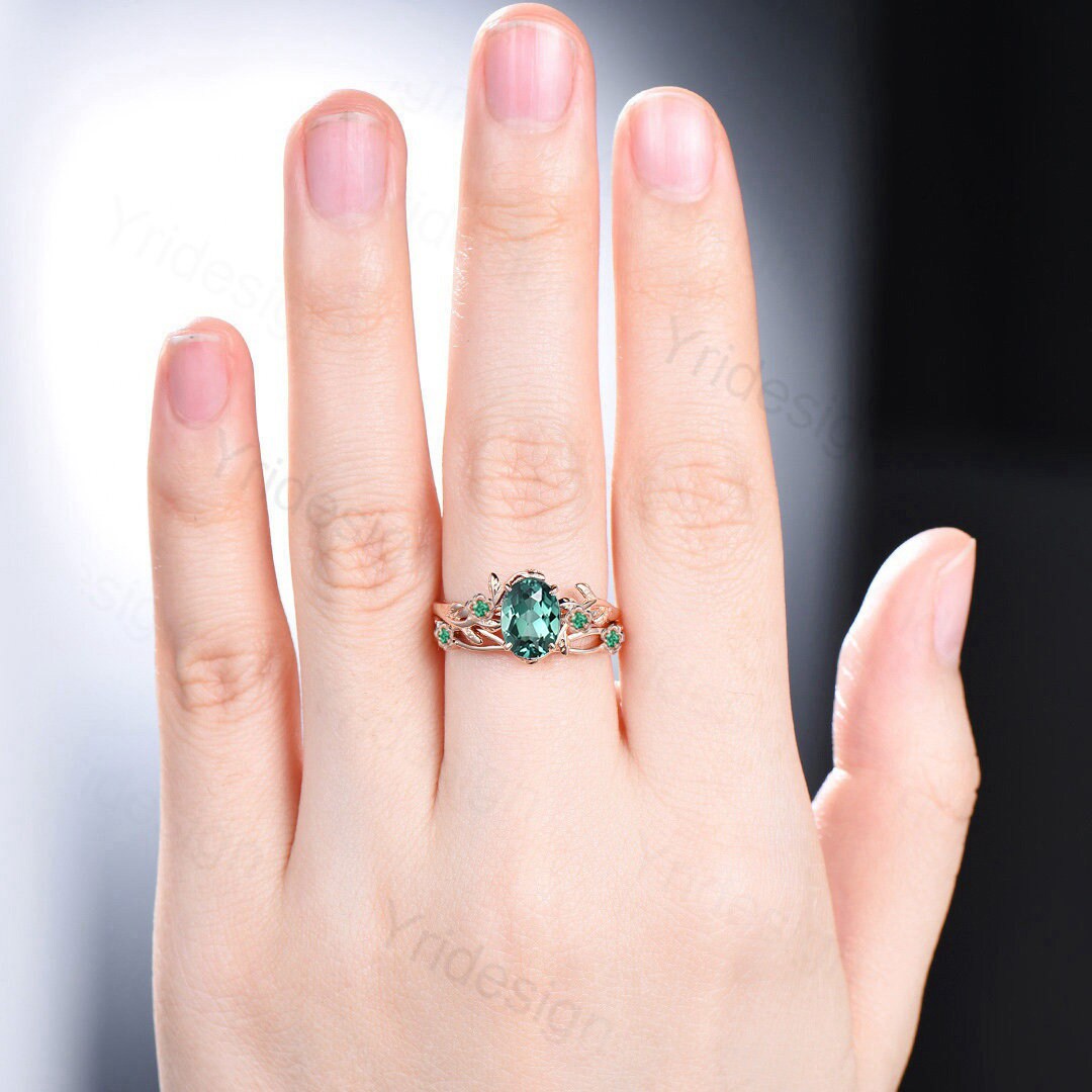 Floral Green Sapphire Ring Set, Vintage Twig Leaf Engagement Ring - PENFINE