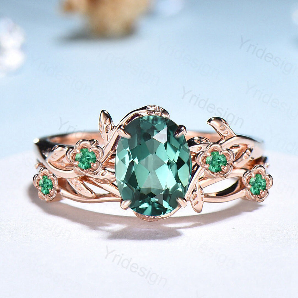 Floral Green Sapphire Ring Set, Vintage Twig Leaf Engagement Ring - PENFINE