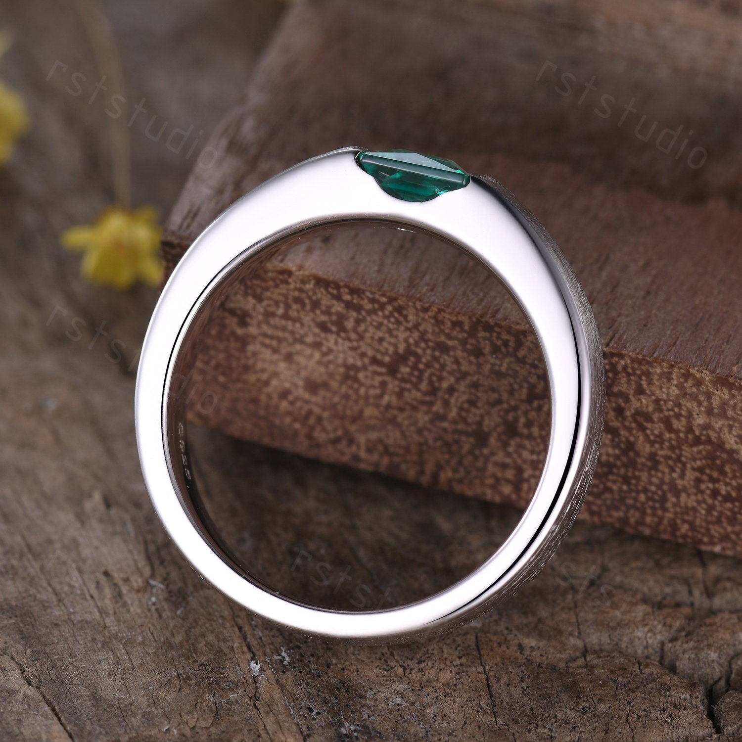 Men's Princess Cut Green Emerald Ring: 14K White Gold May Birthstone Gift For Him
