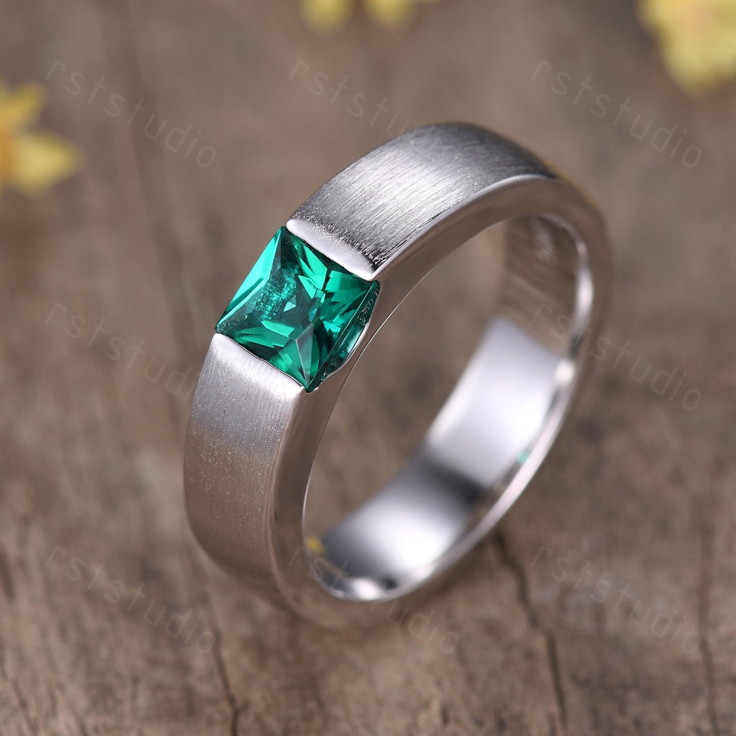 Men's Princess Cut Green Emerald Ring: 14K White Gold May Birthstone Gift For Him