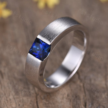 Princess Cut Blue Sapphire Ring: Brushed White Gold Mens Ring