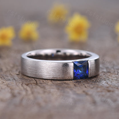 Princess Cut Blue Sapphire Ring: Brushed White Gold Mens Ring