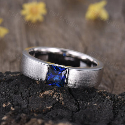 Princess Cut Blue Sapphire Ring: Brushed White Gold Mens Ring