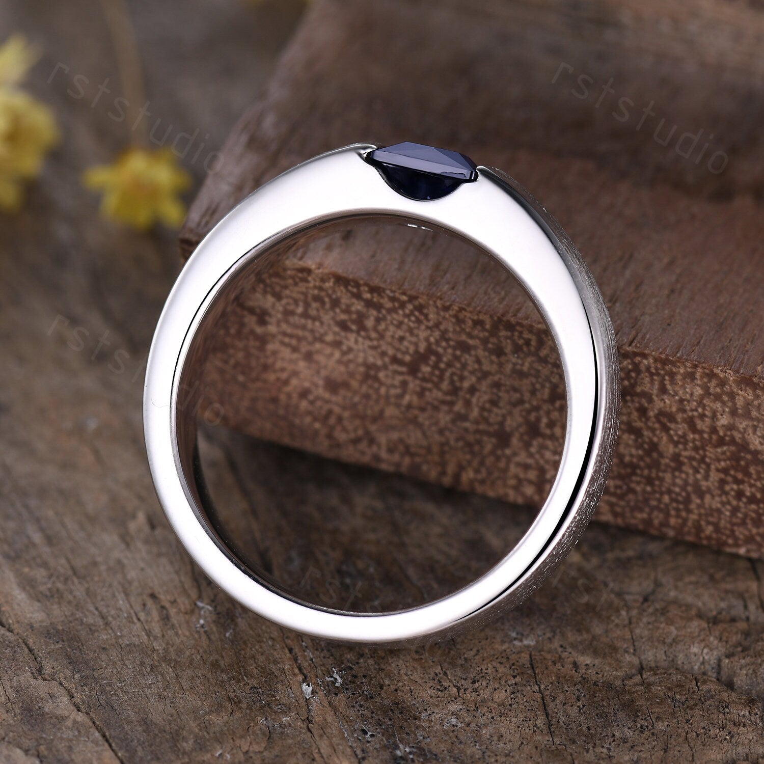 Princess Cut Blue Sapphire Ring: Brushed White Gold Mens Ring