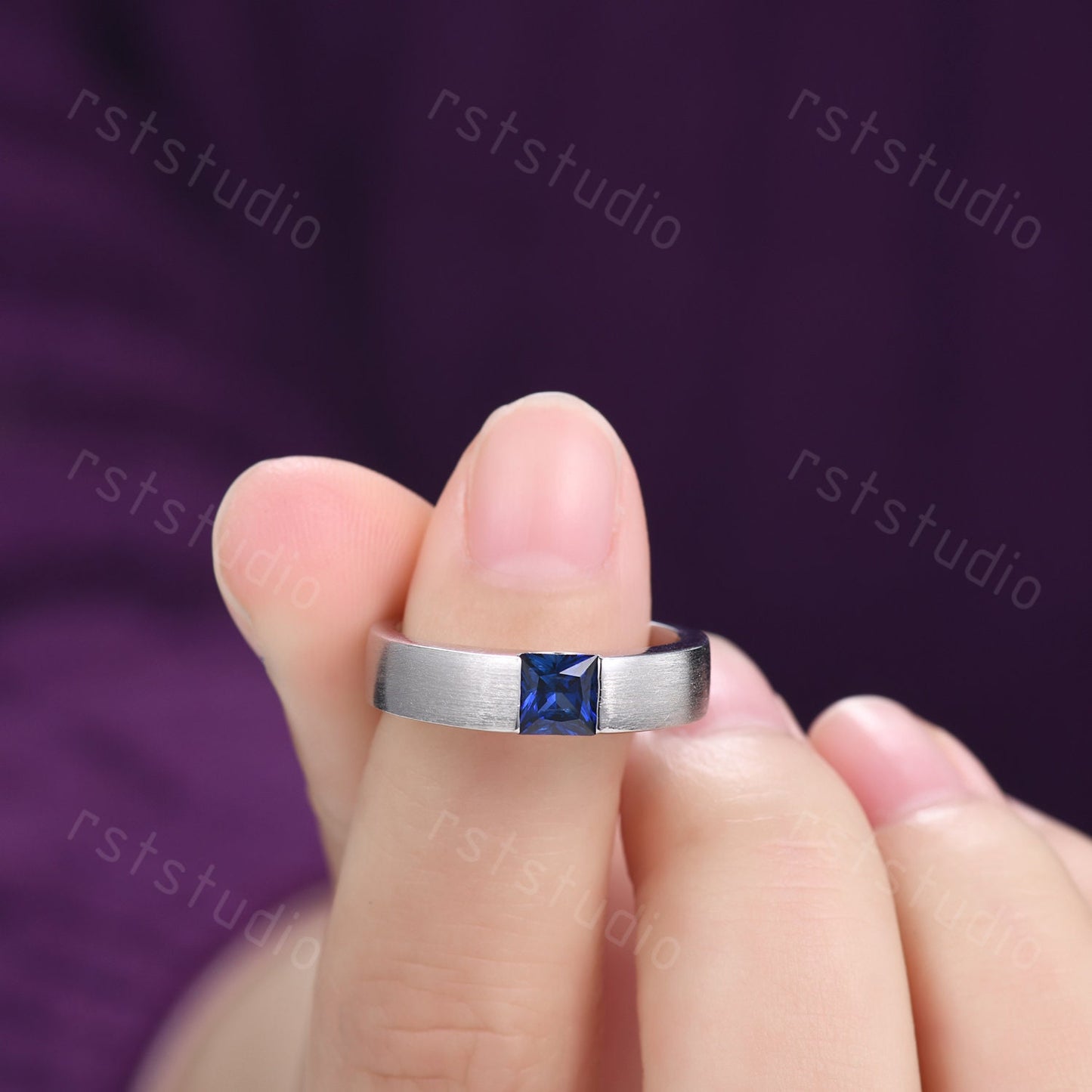 Princess Cut Blue Sapphire Ring: Brushed White Gold Mens Ring