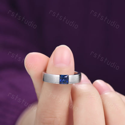 Princess Cut Blue Sapphire Ring: Brushed White Gold Mens Ring