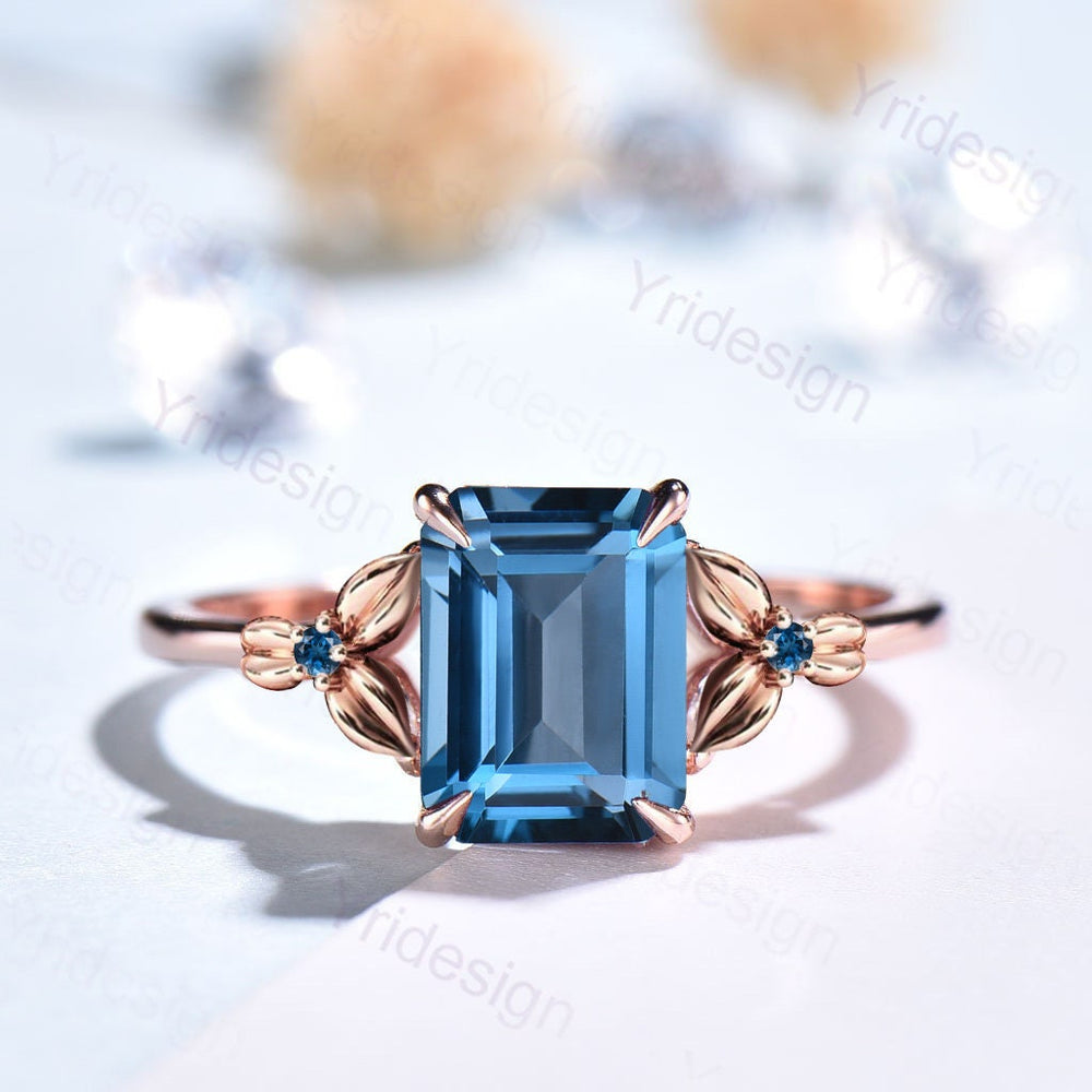 Vintage Emerald Cut London Blue Topaz Ring Unique Nature Inspired Engagement Ring Leaves Flower wedding Band Ring For Women Anniversary Gift - PENFINE