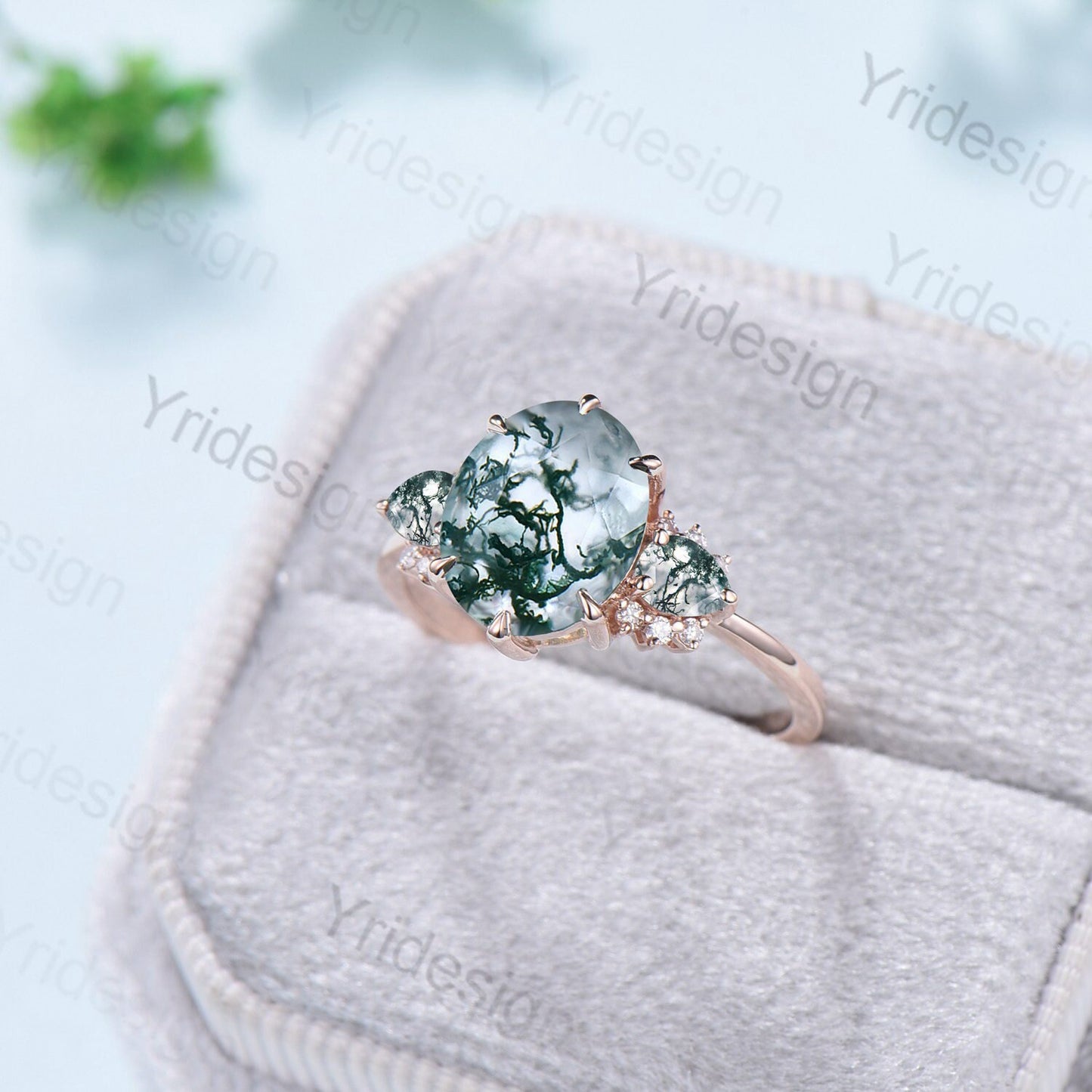 8x10mm Big Moss Agate Engagement Ring Cluster Pear Green Agate Wedding Ring Vintage 6 Prongs Art Deco Moissanite Band Aquatic Stone Jewelry - PENFINE
