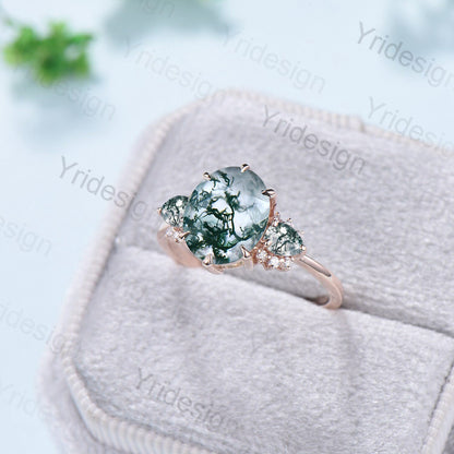 8x10mm Big Moss Agate Engagement Ring Cluster Pear Green Agate Wedding Ring Vintage 6 Prongs Art Deco Moissanite Band Aquatic Stone Jewelry - PENFINE