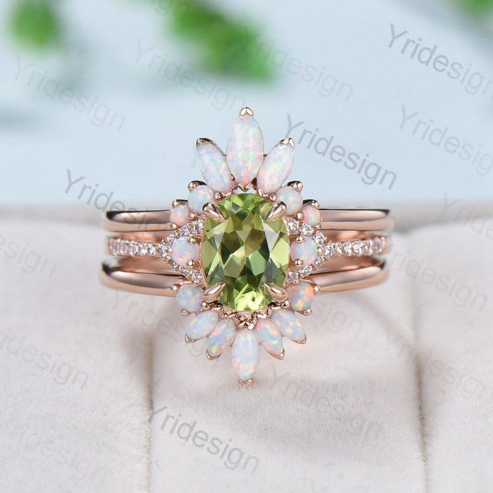 Vintage Peridot Engagement Ring Set, Opal Rose Gold Art Deco Wedding Rings - PENFINE