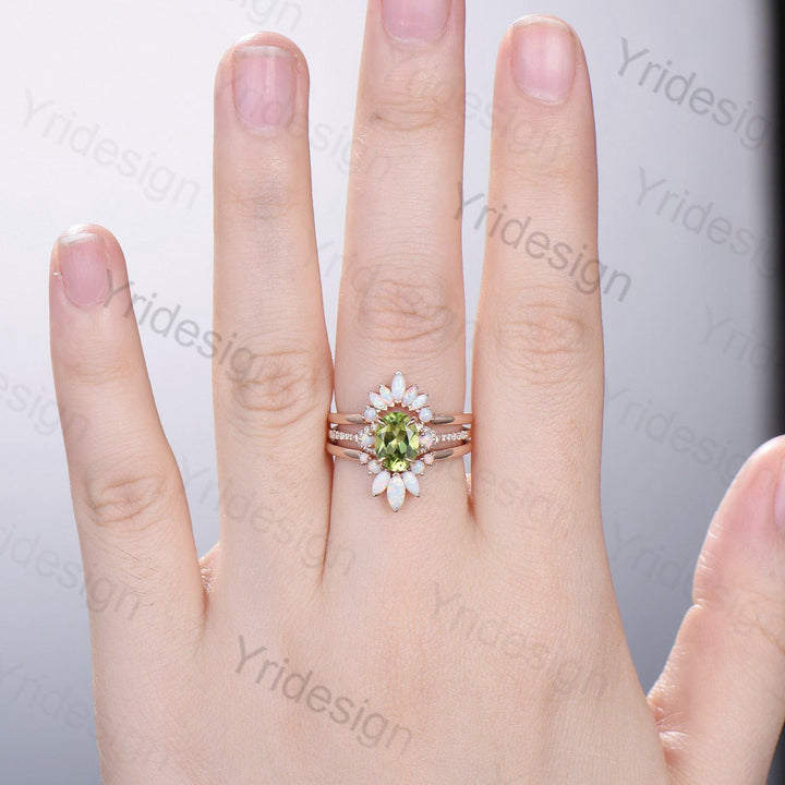 Vintage Peridot Engagement Ring Set, Opal Rose Gold Art Deco Wedding Rings - PENFINE