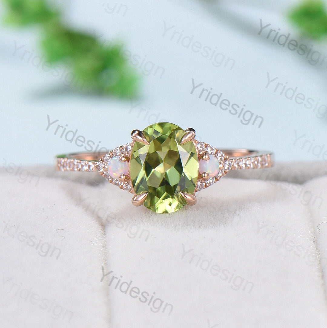 Vintage Peridot Engagement Ring Set, Opal Rose Gold Art Deco Wedding Rings - PENFINE