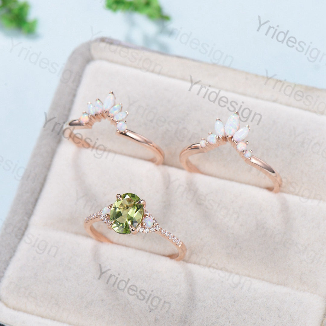 Vintage Peridot Engagement Ring Set, Opal Rose Gold Art Deco Wedding Rings - PENFINE