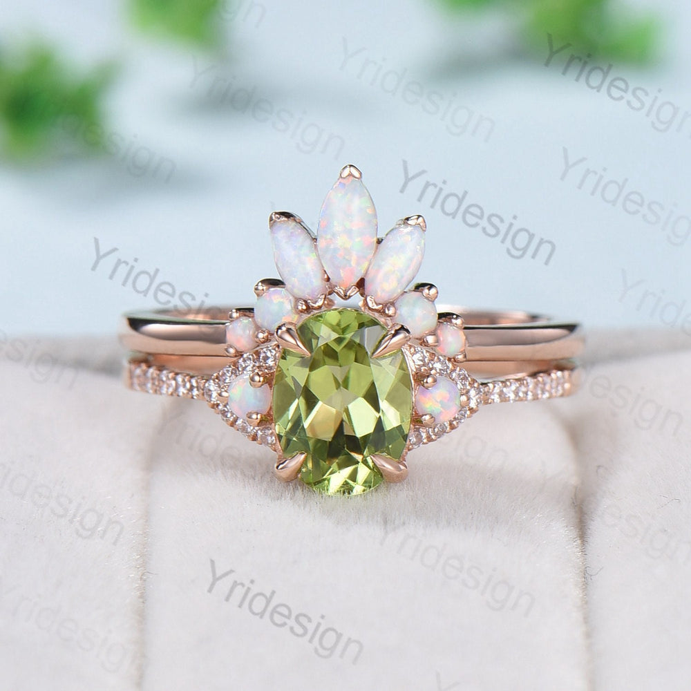 Vintage Peridot Engagement Ring Set, Opal Rose Gold Art Deco Wedding Rings - PENFINE