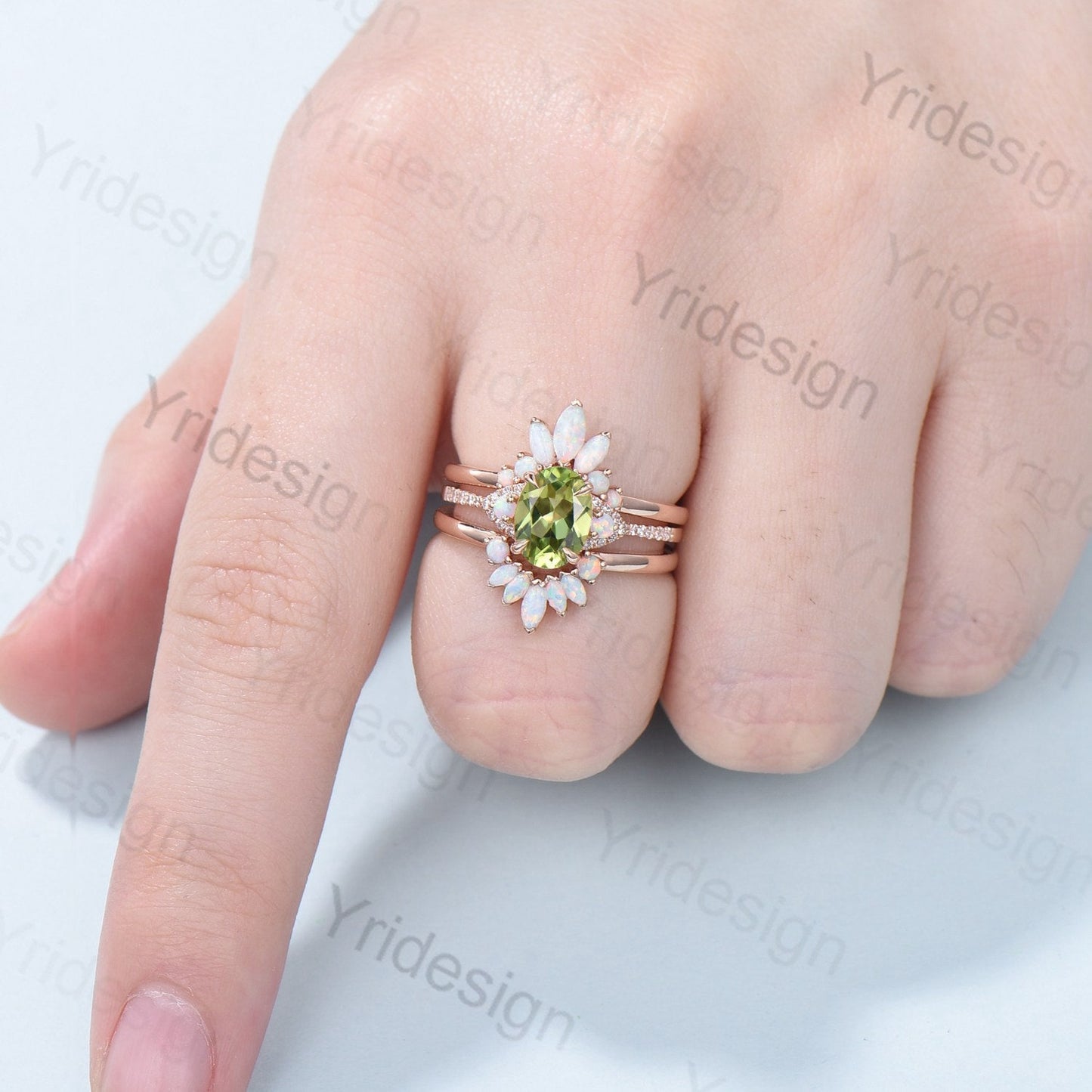 Vintage Peridot Engagement Ring Set, Opal Rose Gold Art Deco Wedding Rings - PENFINE