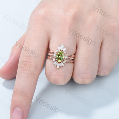 Vintage Peridot Engagement Ring Set, Opal Rose Gold Art Deco Wedding Rings - PENFINE