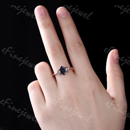 Hexagon Blue Sandstone Ring, Crescent Moon Goldstone, Black Spinel - PENFINE