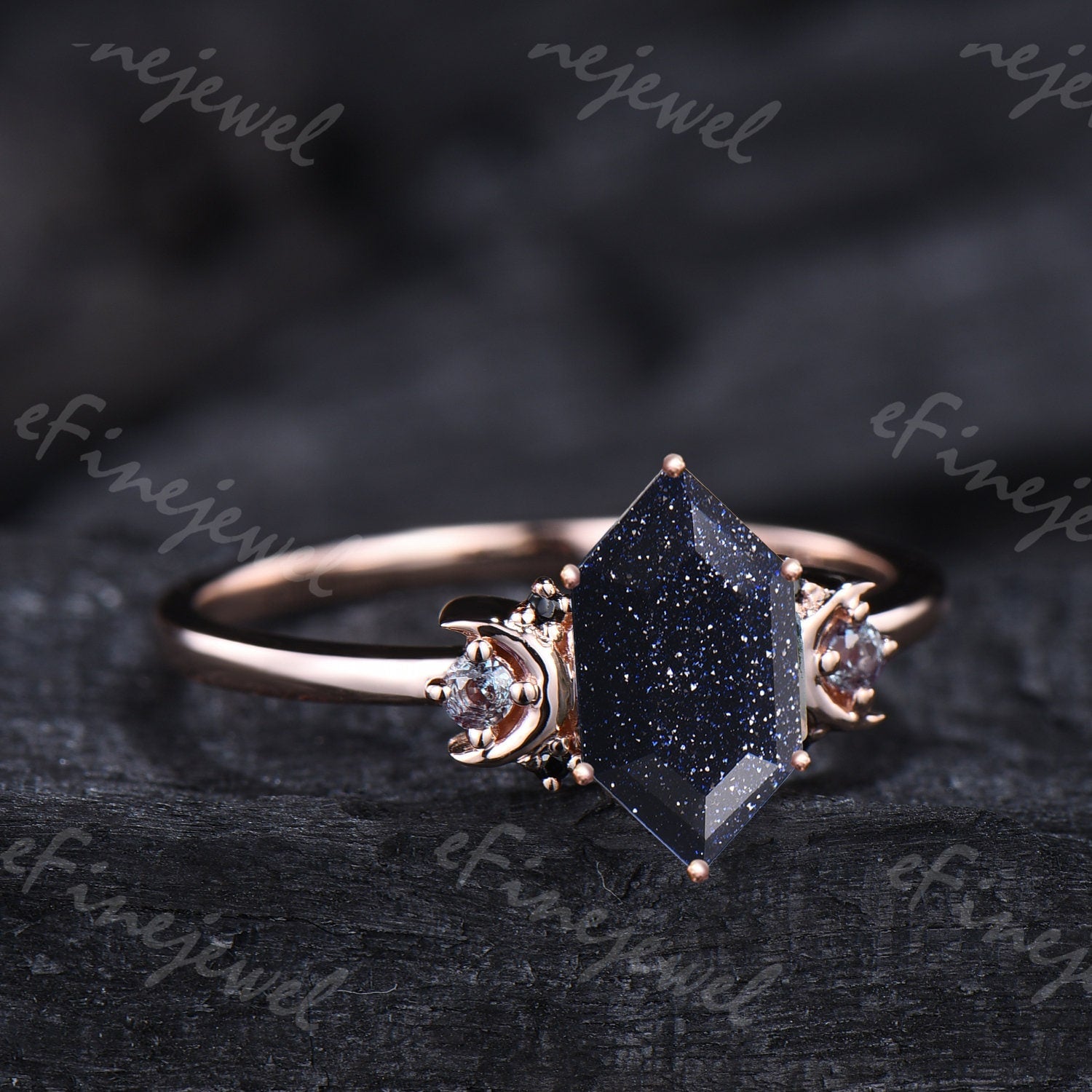Hexagon Blue Sandstone Ring, Crescent Moon Goldstone, Black Spinel - PENFINE