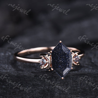 Hexagon Blue Sandstone Ring, Crescent Moon Goldstone, Black Spinel - PENFINE