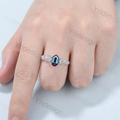 Vintage Elongated hexagon Alexandrite Ring Antique Moon Alexandrite Engagement Ring Unique Milgrain Wedding Ring for Women Proposal Gifts - PENFINE