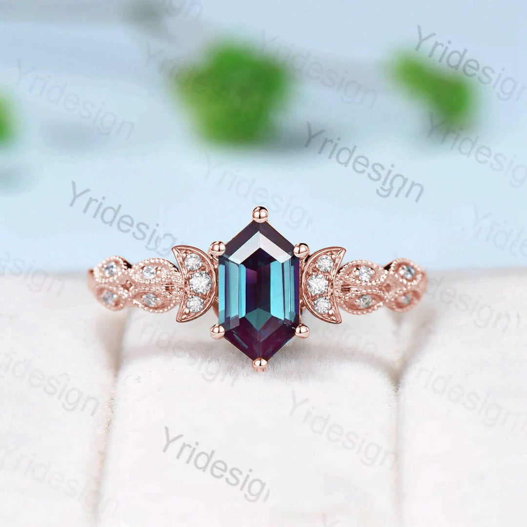 Vintage Elongated hexagon Alexandrite Ring Antique Moon Alexandrite Engagement Ring Unique Milgrain Wedding Ring for Women Proposal Gifts - PENFINE