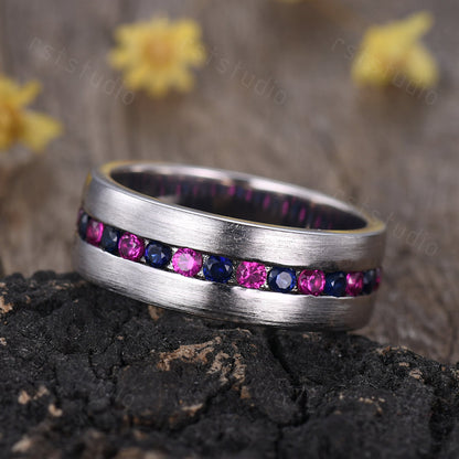 Handmade 14K White Gold Mens Ring: Sapphire & Ruby Vintage Promise Ring