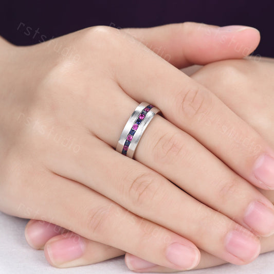 Handmade 14K White Gold Mens Ring: Sapphire & Ruby Vintage Promise Ring