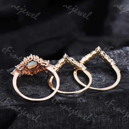 Vintage Hexagon Opal Engagement Ring Set, Sapphire & Moissanite Halo
