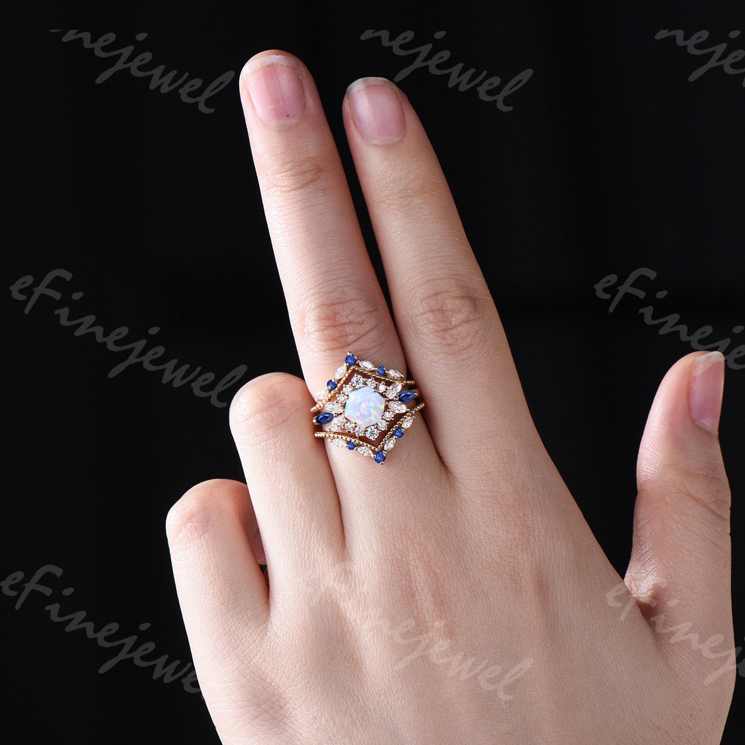 Vintage Hexagon Opal Engagement Ring Set, Sapphire & Moissanite Halo