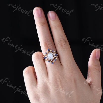 Vintage Hexagon Opal Engagement Ring Set, Sapphire & Moissanite Halo