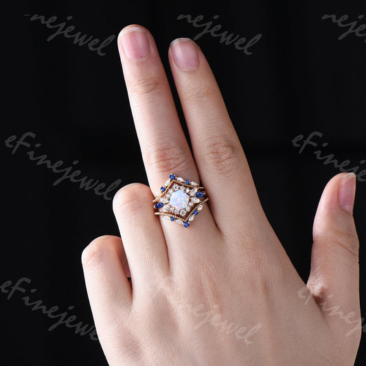 Vintage Hexagon Opal Engagement Ring Set, Sapphire & Moissanite Halo