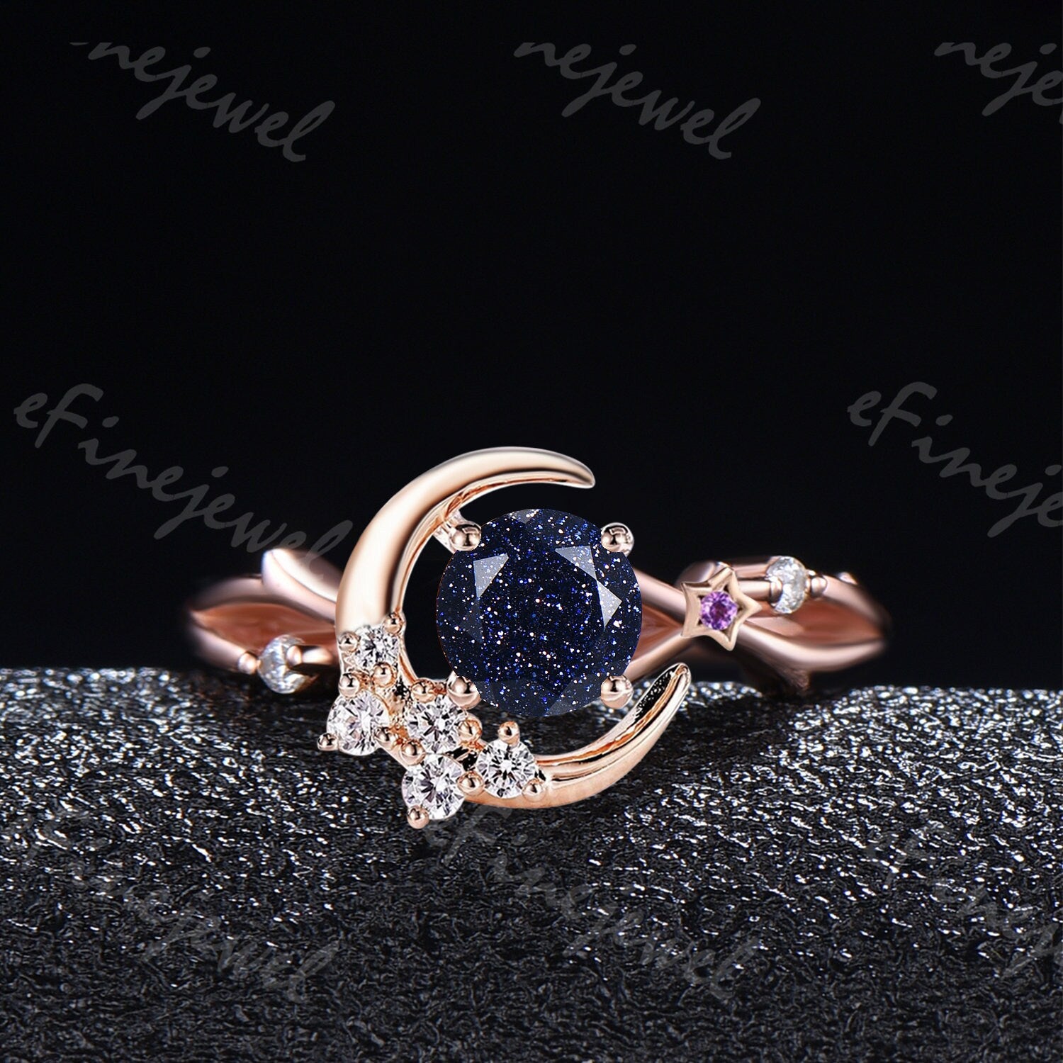 Blue Sandstone Engagement Ring, Moon Star Amethyst Wedding Ring - PENFINE