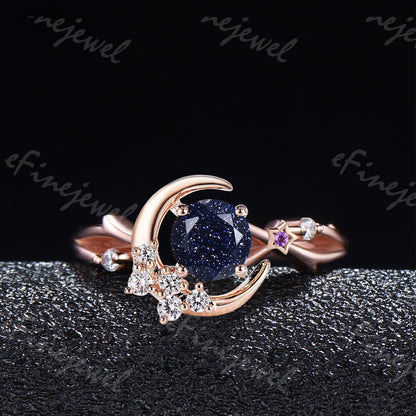 Blue Sandstone Engagement Ring, Moon Star Amethyst Wedding Ring - PENFINE