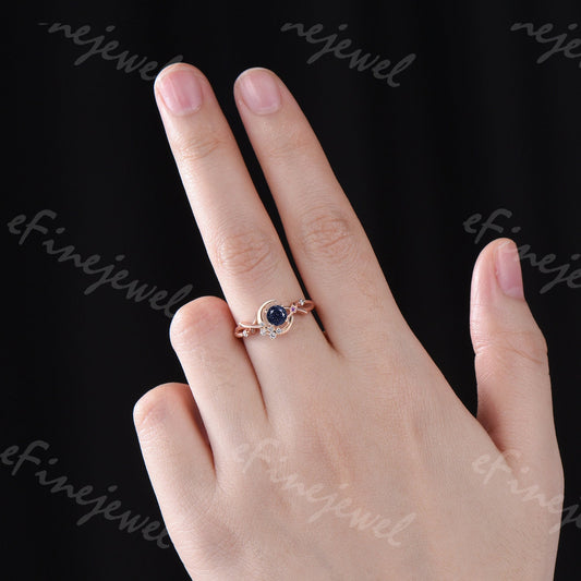 Blue Sandstone Engagement Ring, Moon Star Amethyst Wedding Ring - PENFINE
