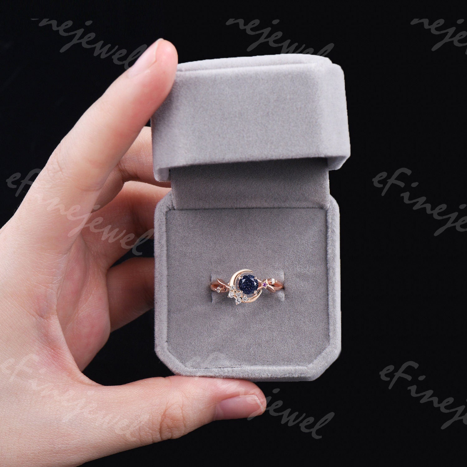 Blue Sandstone Engagement Ring, Moon Star Amethyst Wedding Ring - PENFINE