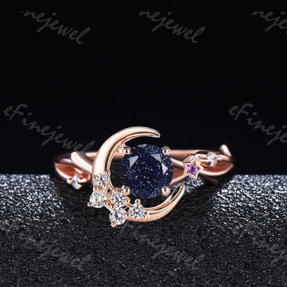 Blue Sandstone Engagement Ring, Moon Star Amethyst Wedding Ring - PENFINE