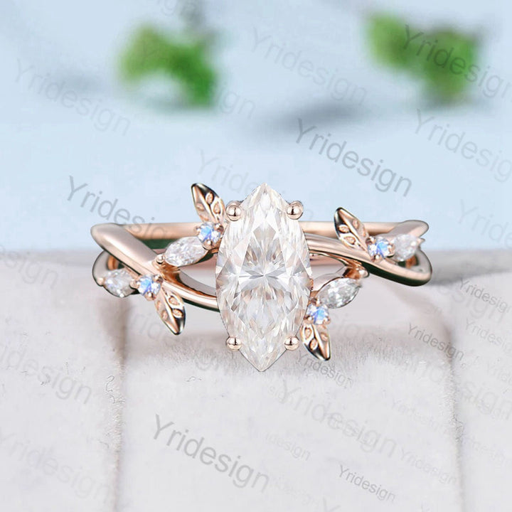 Natural Inspired Marquise Moissanite Ring Unique Leaves Branch Moissanite Engagement Ring Cluster Moonstone Split Shank Twig Wedding Ring - PENFINE