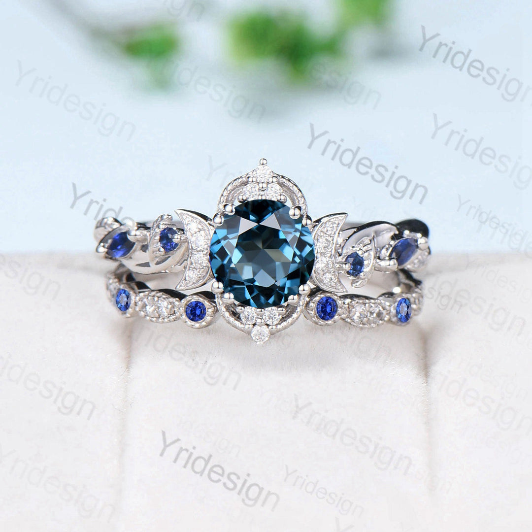 Crescent Moon London Blue Topaz Engagement Ring Set Unique Nature Inspired Wedding Ring Art Deco Open Gap Sapphire Bridal Ring Set for Women - PENFINE