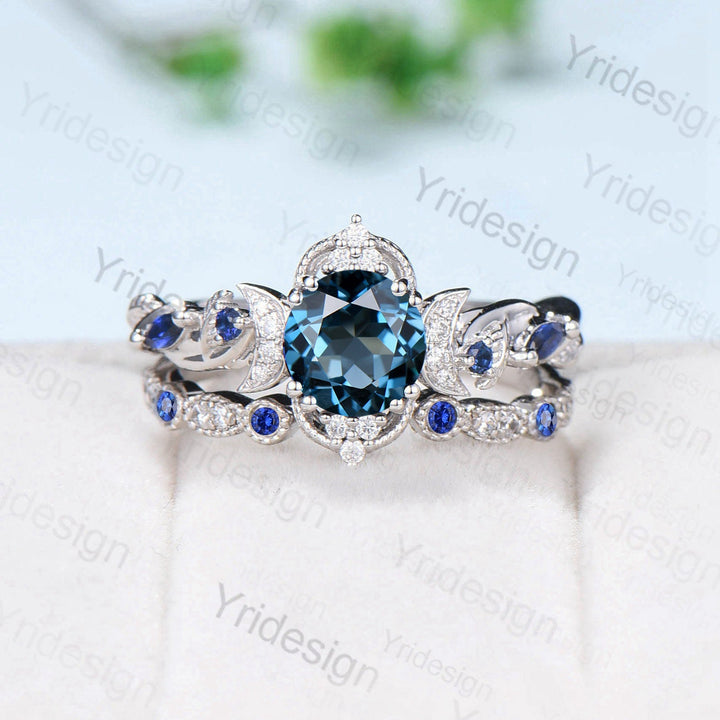 Crescent Moon London Blue Topaz Engagement Ring Set Unique Nature Inspired Wedding Ring Art Deco Open Gap Sapphire Bridal Ring Set for Women - PENFINE