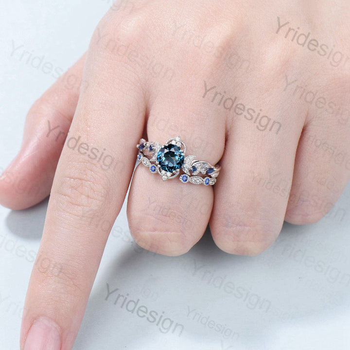 Crescent Moon London Blue Topaz Engagement Ring Set Unique Nature Inspired Wedding Ring Art Deco Open Gap Sapphire Bridal Ring Set for Women - PENFINE