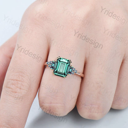 Unique Emerald Cut Green Sapphire Ring 8 Prongs Cluster Baguette Alexandrite Engagement Ring Vintage Green Crystal Wedding Ring for Women - PENFINE