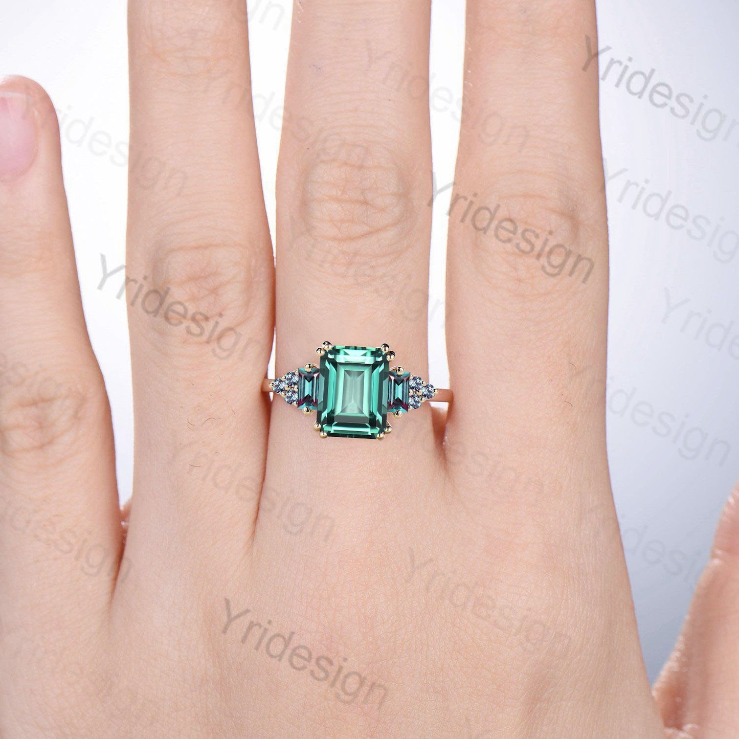 Unique Emerald Cut Green Sapphire Ring 8 Prongs Cluster Baguette Alexandrite Engagement Ring Vintage Green Crystal Wedding Ring for Women - PENFINE